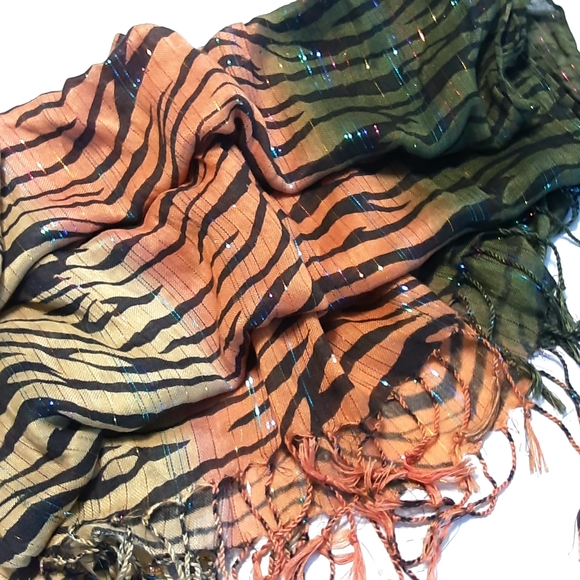Tri-colored Tiger Striped Fashion Scarf, Green Orange Gold Fringed - Picture 4 of 8